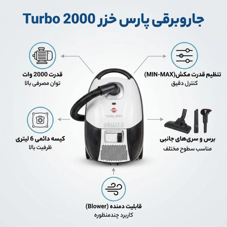 جارو برقی پارس خزر مدل توربو 2000 وات رنگ سفید کروم